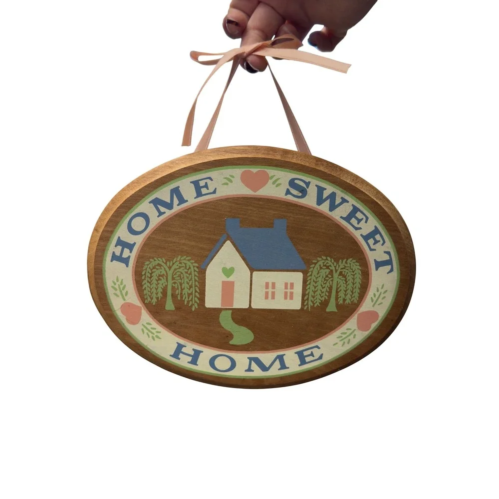 Vintage Home Sweet Home Wooden Oval Wall Plaque Rustic Farmhouse Decor Ribbon